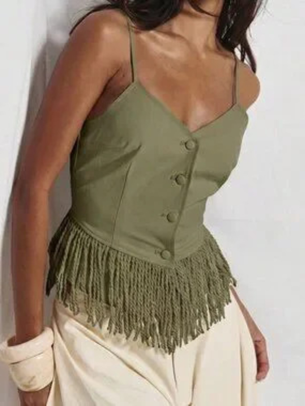 Casual Women's V Neck Button Detail Fringed Tassle Hem Top